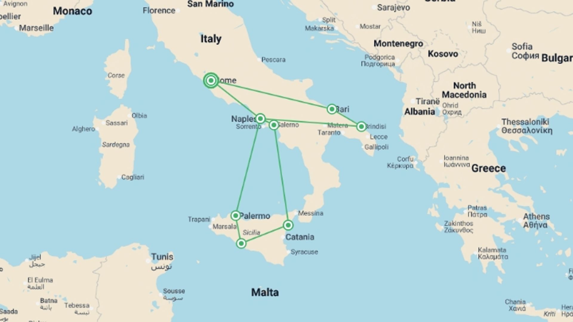 A map showing the tour itinerary for the trip: Beautiful Puglia, Southern Italy and Sicily, starting in Rome, Italy and ending in Rome, Italy going through 7 other destinations.