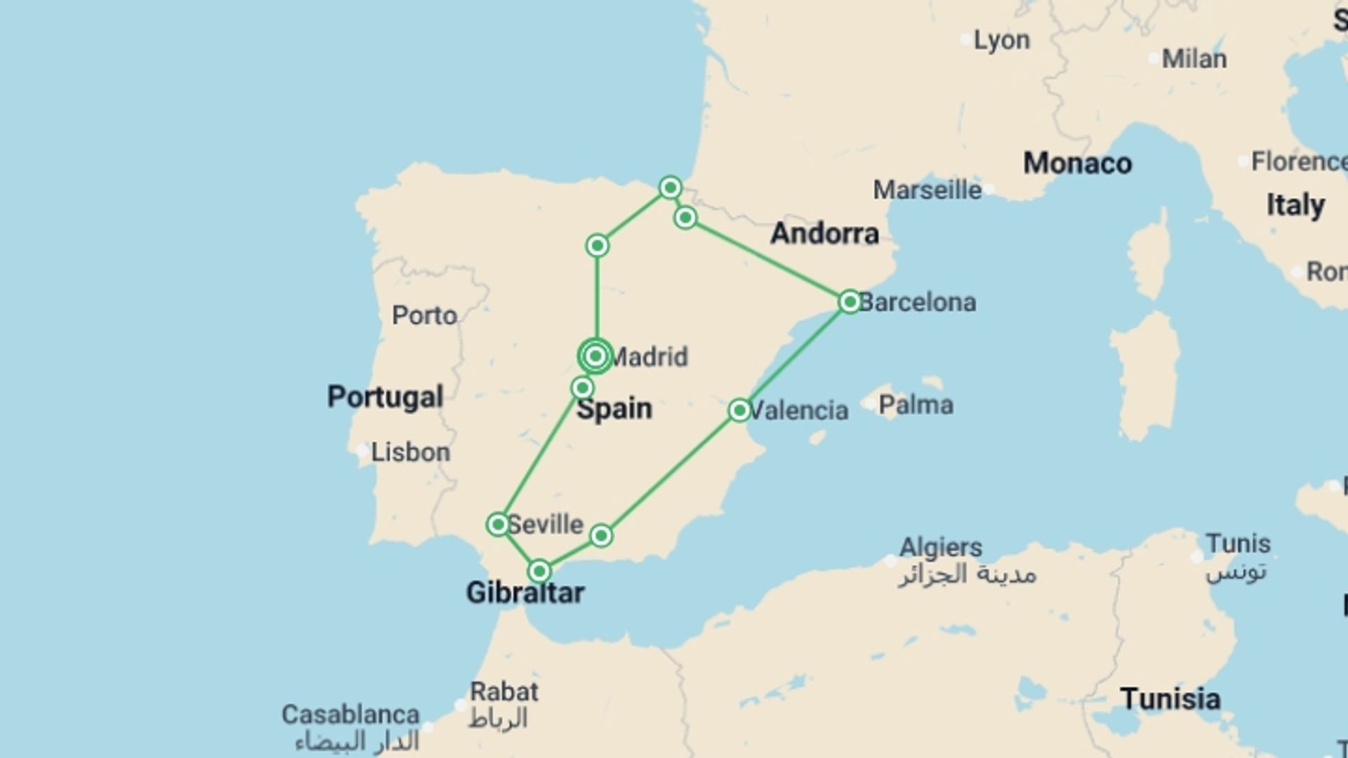 A map showing the tour itinerary for the trip: Best of Spain, starting in Madrid, Spain and ending in Madrid, Spain going through 9 other destinations.