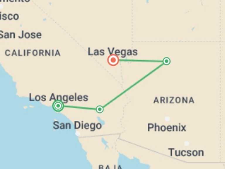 Map of a City sightseeing Tour with 4 destination visits for the trip: LA to Vegas Adventure