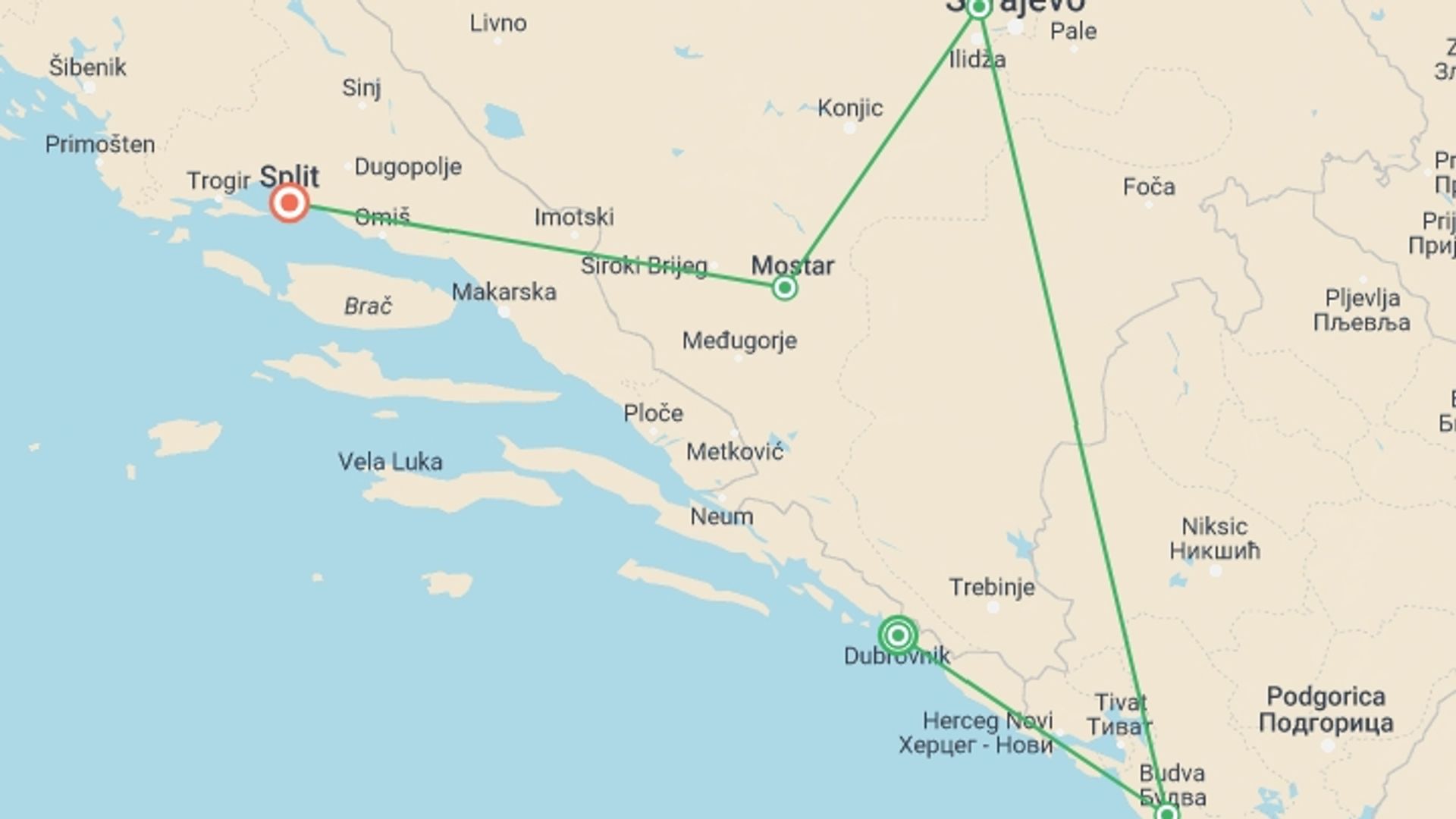 A map showing the tour itinerary for the trip: Best of the Balkans, starting in Dubrovnik, Croatia and ending in Split, Croatia going through 4 other destinations.