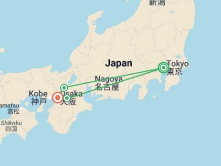 Map itinerary of Osaka Tour in December 2025 with 3 destination visits for the trip: Tokyo, Kyoto and Osaka
