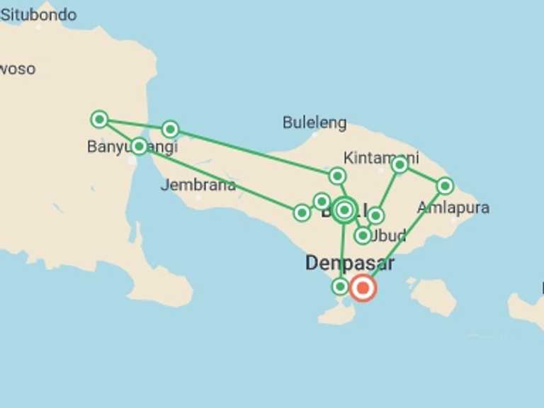 Map of Indonesia Tour with 10 destination visits for the trip: Bali Multi-Activity Trip with Java