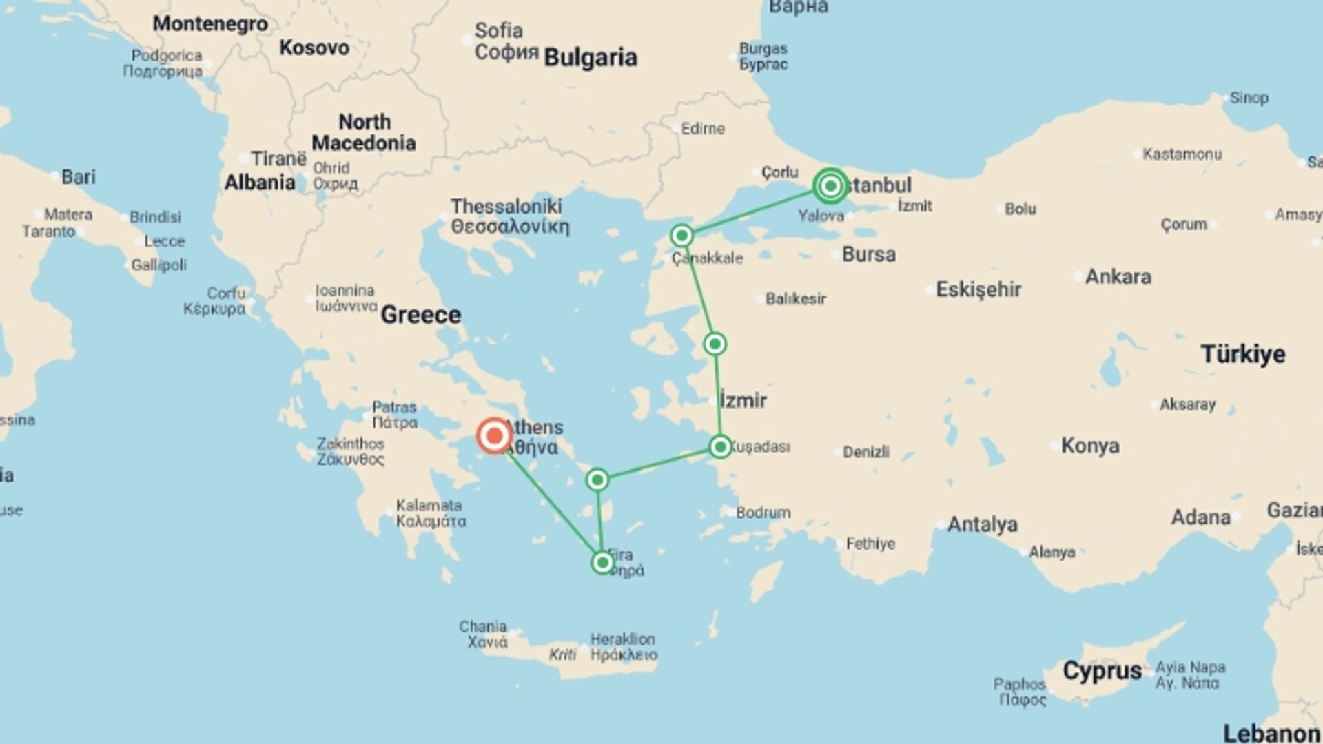 A map showing the tour itinerary for the trip: Constantinople To Hellas Tour, starting in Istanbul, Turkey and ending in Athens, Greece going through 9 other destinations.