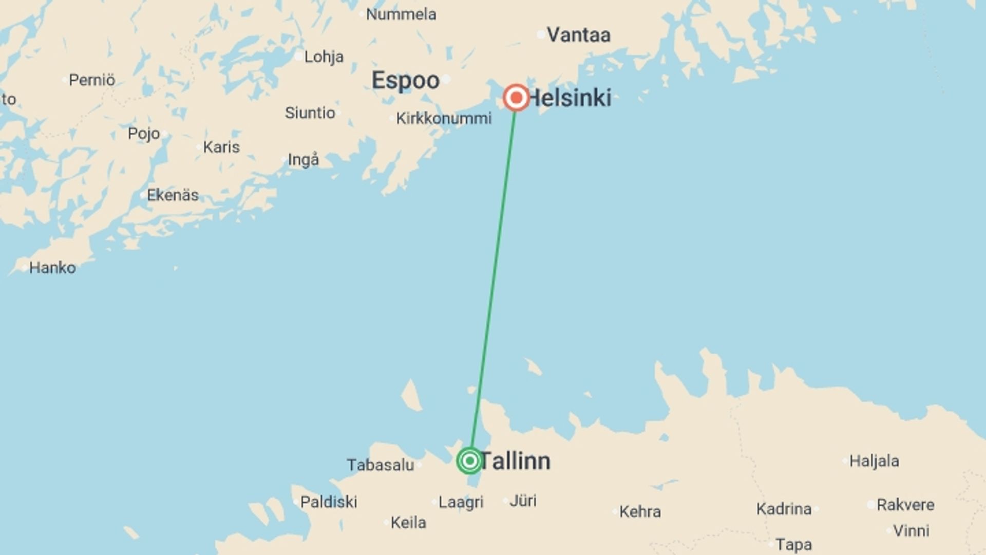 A map showing the tour itinerary for the trip: Estonia to Finland Adventure, starting in Tallinn, Estonia and ending in Helsinki, Finland going through 0 other destinations.