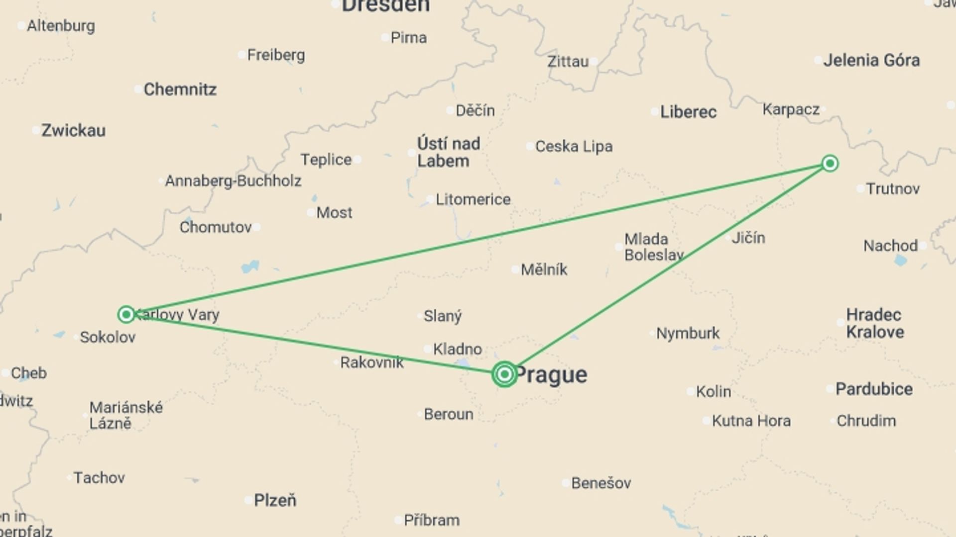A map showing the tour itinerary for the trip: Czech Spa Escape – 6 Days, starting in Prague, Czech Republic and ending in Prague, Czech Republic going through 2 other destinations.