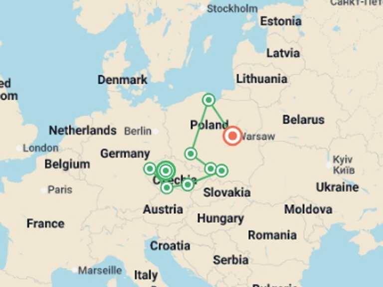 Map itinerary of Europe Tour in June 2026 with 9 destination visits for the trip: Czech Pearls and Full Poland