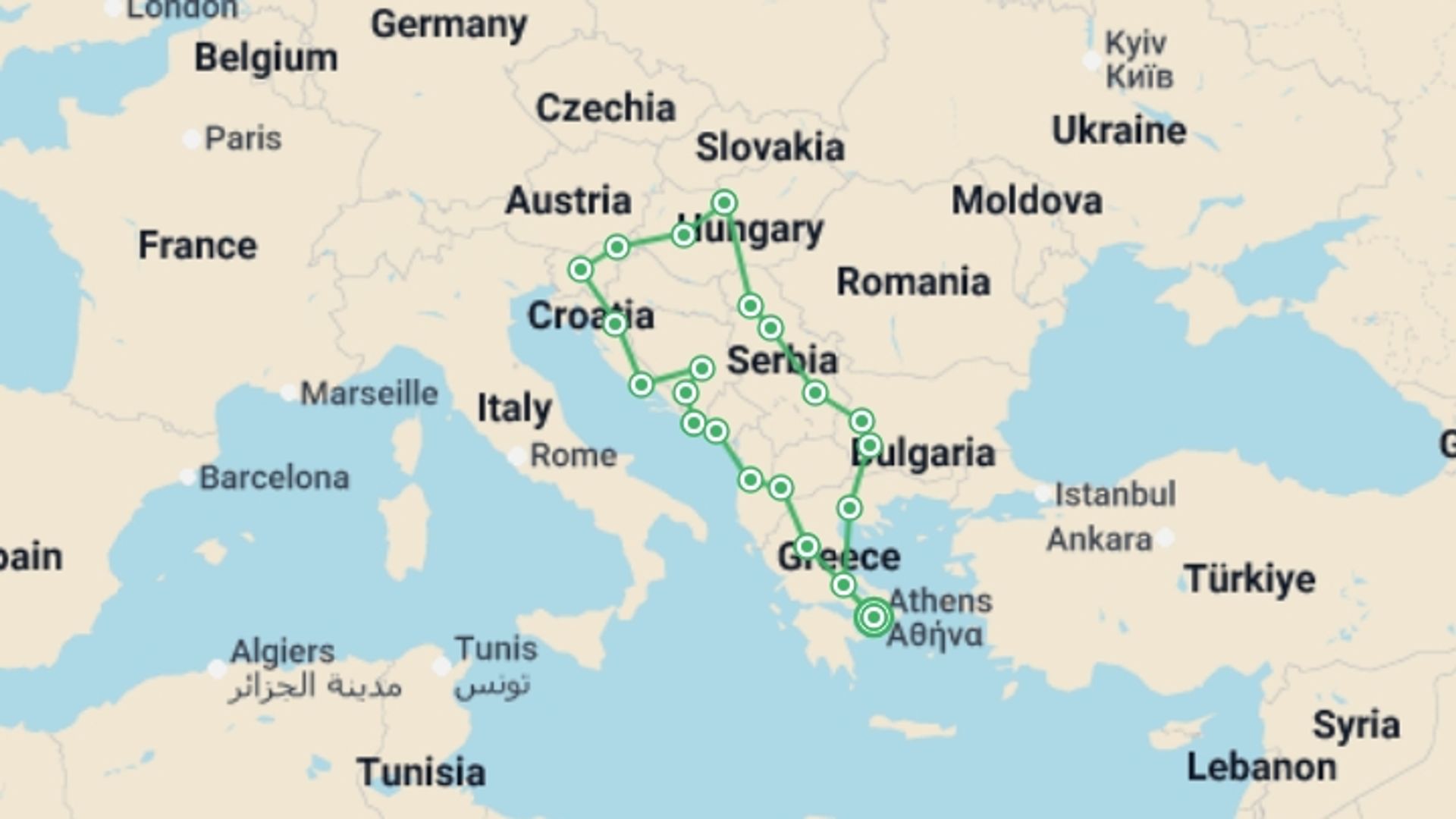 A map showing the tour itinerary for the trip: Balkan Explorer, starting in Athens, Greece and ending in Athens, Greece going through 11 other destinations.
