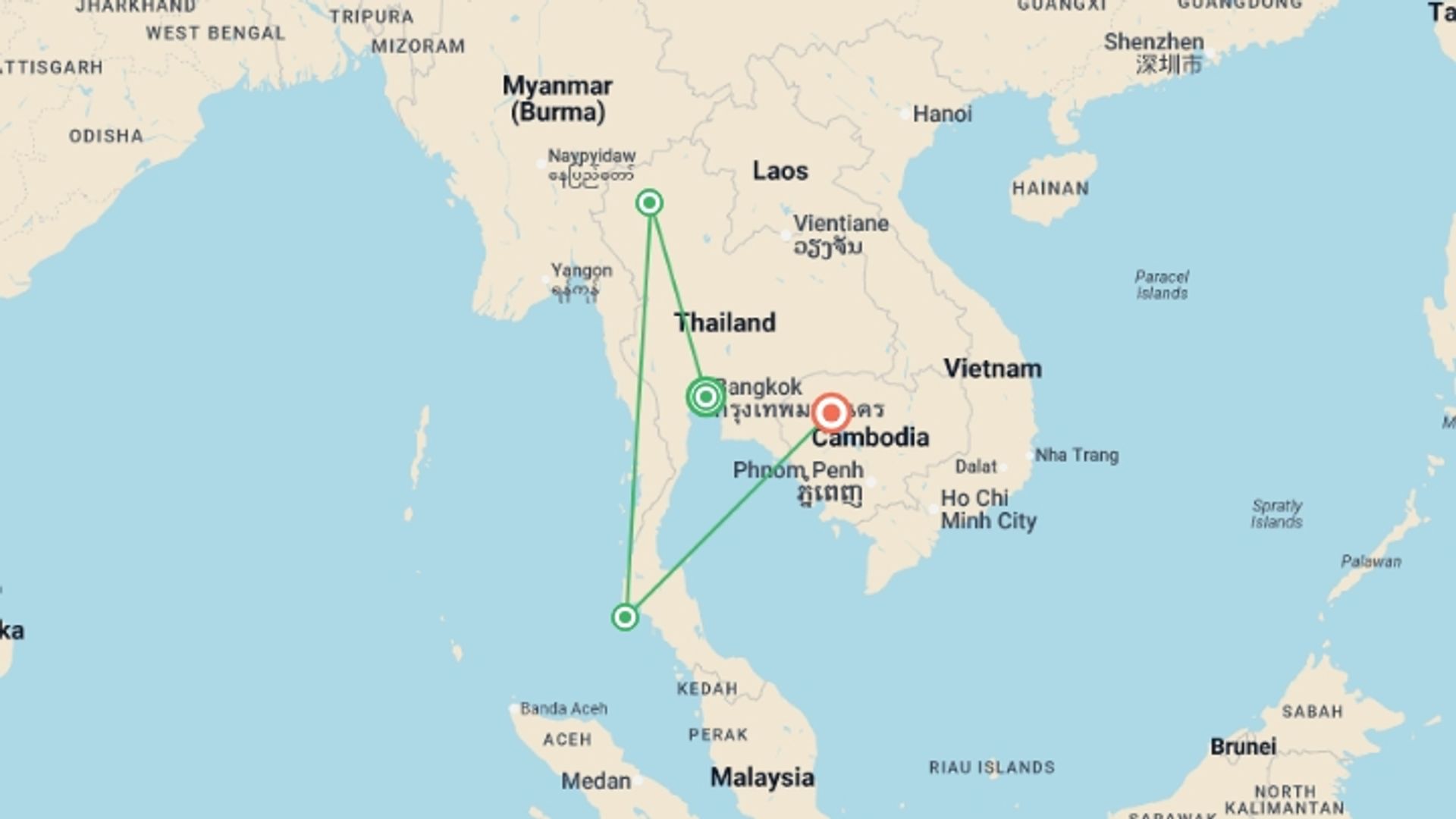 A map showing the tour itinerary for the trip: Best of Thailand & Angkor Wat (5 Star) - 12 days, starting in Bangkok, Thailand and ending in Siem Reap, Cambodia going through 2 other destinations.