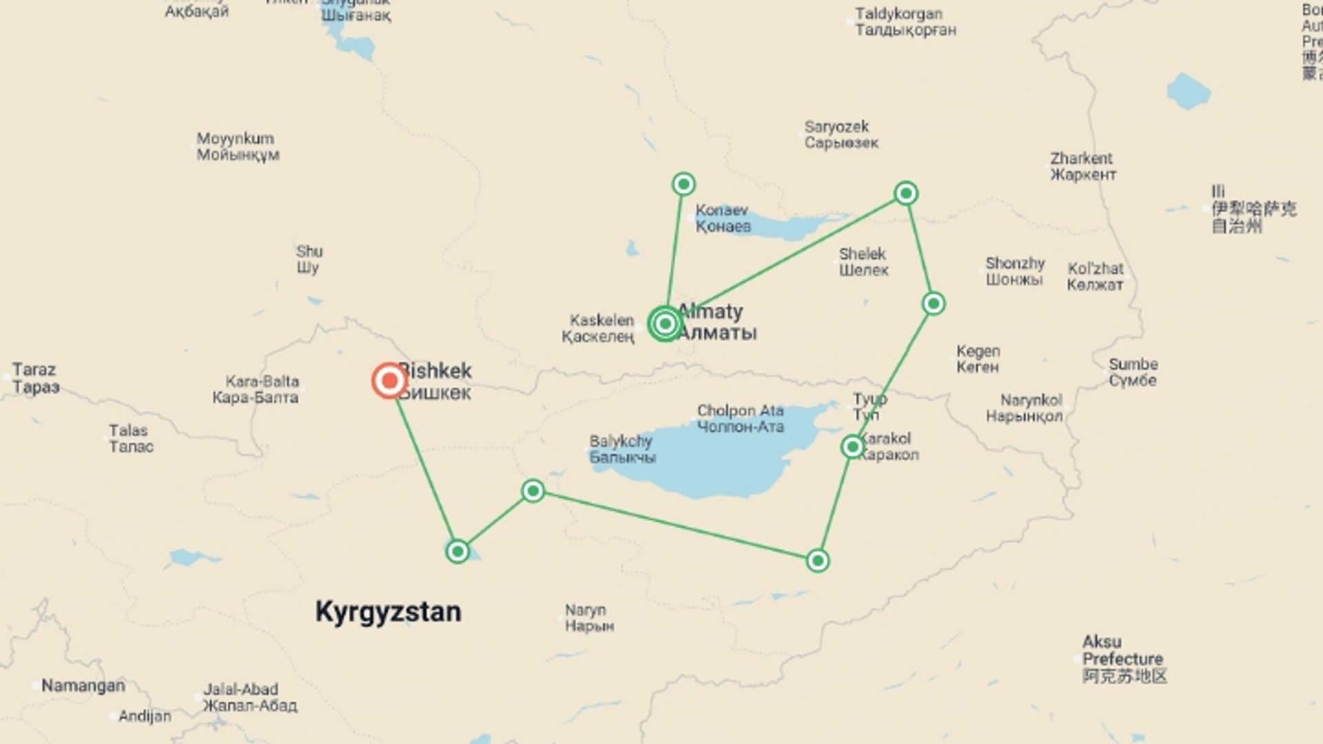 A map showing the tour itinerary for the trip: Kazakhstan to Kyrgyzstan Adventure 12D/11N, starting in Almaty, Kazakhstan and ending in Bishkek, Kyrgyzstan going through 4 other destinations.