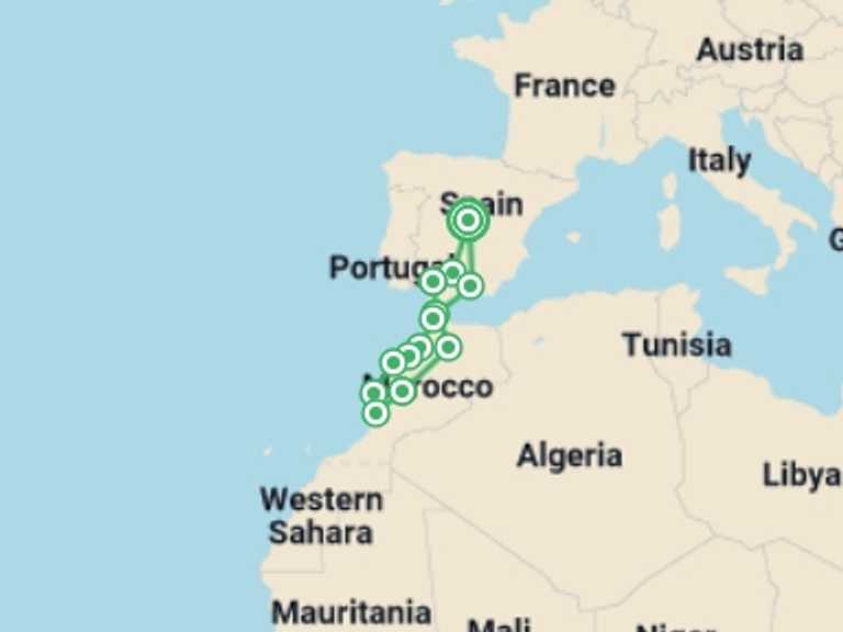 Map of 14-Day Marrakech Tour with 9 destination visits for the trip: Muslim Spain and Morocco
