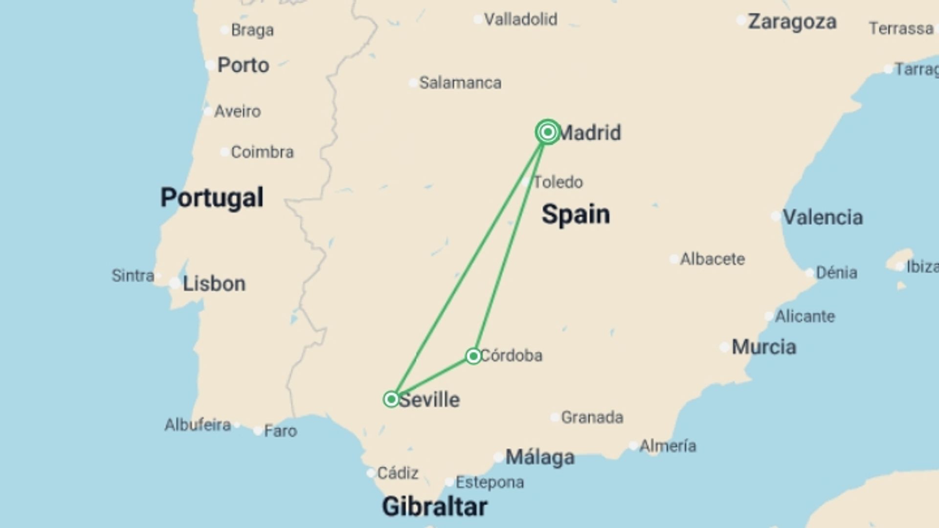 A map showing the tour itinerary for the trip: 2-day Cordoba And Seville From Madrid, starting in Madrid, Spain and ending in Madrid, Spain going through 1 other destinations.