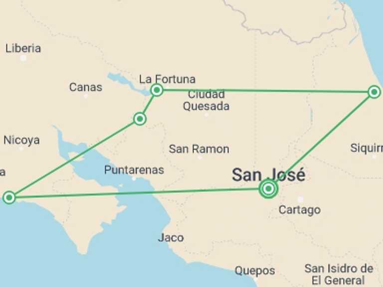 Map of 10-Day San Jose Tour with 5 destination visits for the trip: Supersaver | Costa Rica Essentials Plus & Guanacaste Extension, 10 Days