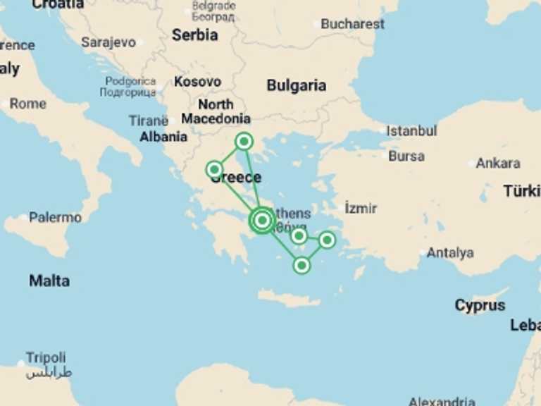 Map itinerary of Greece Tour in May 2026 with 6 destination visits for the trip: Greece: In the Footsteps of Paul the Apostle featuring a 3-night Greek Islands & Turkiye cruise