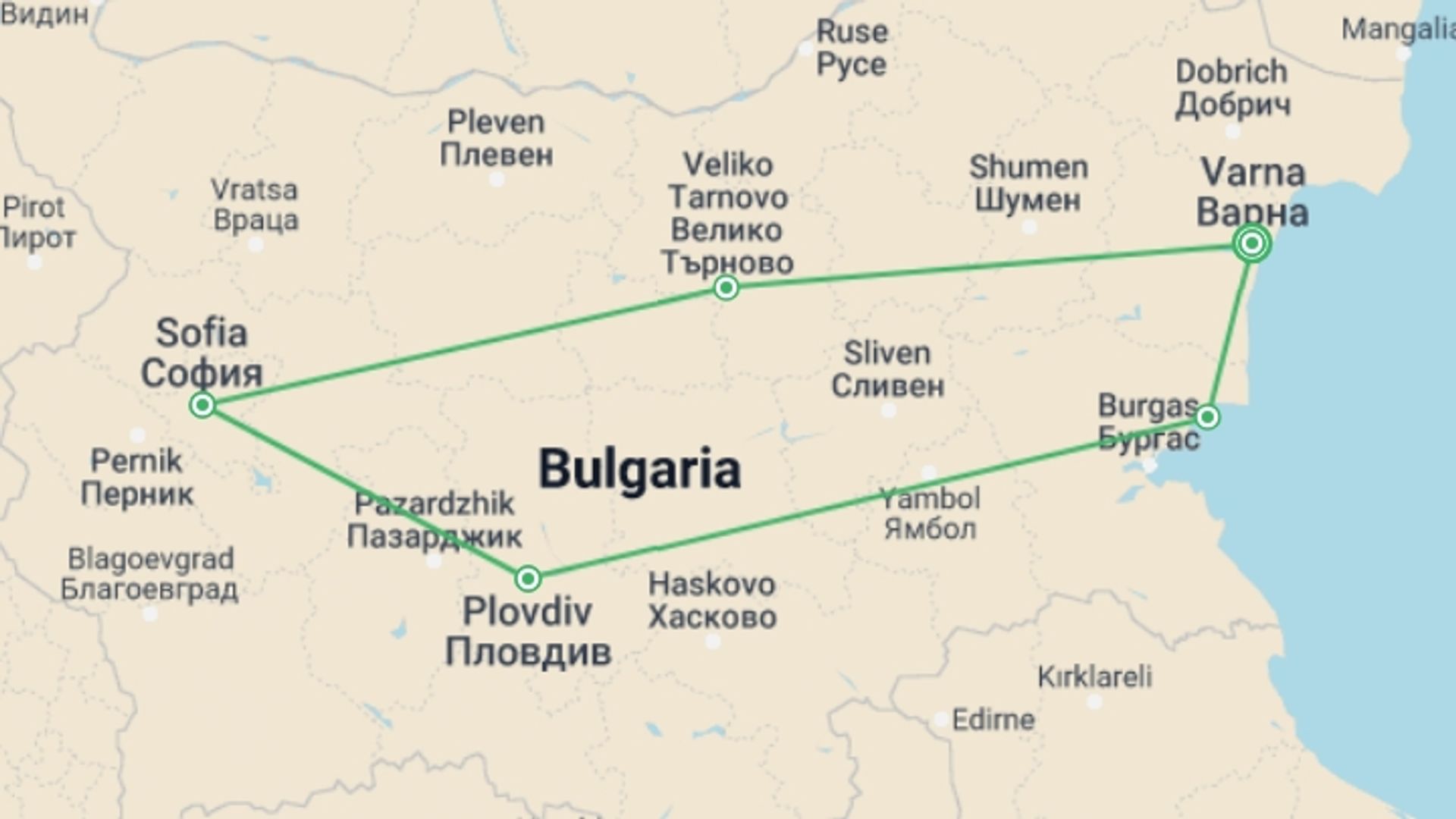 A map showing the tour itinerary for the trip: Explore Bulgaria In A Week, Self-drive, starting in Varna, Bulgaria and ending in Varna, Bulgaria going through 3 other destinations.
