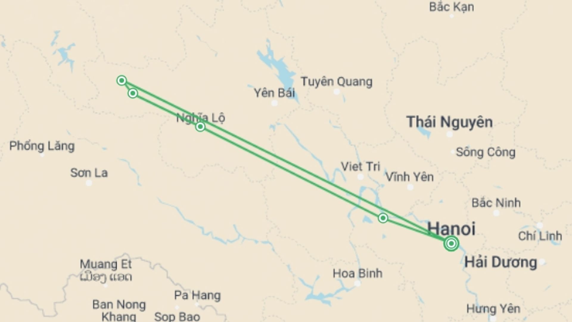 A map showing the tour itinerary for the trip: Adventure To Mu Cang Chai Rice Fields 3 Days 2 Nights, starting in Hanoi, Vietnam and ending in Hanoi, Vietnam going through 2 other destinations.