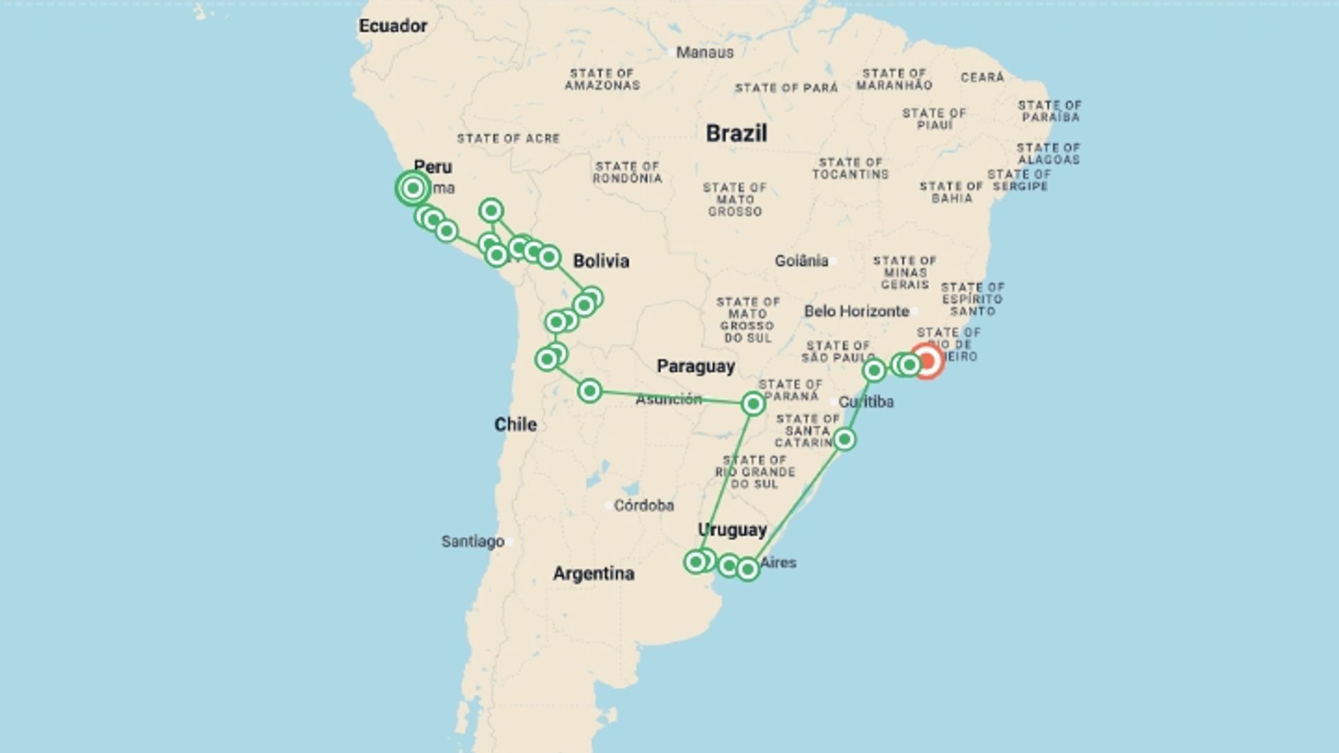 A map showing the tour itinerary for the trip: Lima to Rio de Janeiro (via Uruguay) Travel Pass, starting in Lima, Peru and ending in Rio de Janeiro, Brazil going through 27 other destinations.