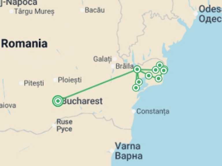 Map of Eastern Europe Tour with 5 destination visits for the trip: Danube Delta By Bike & Boat