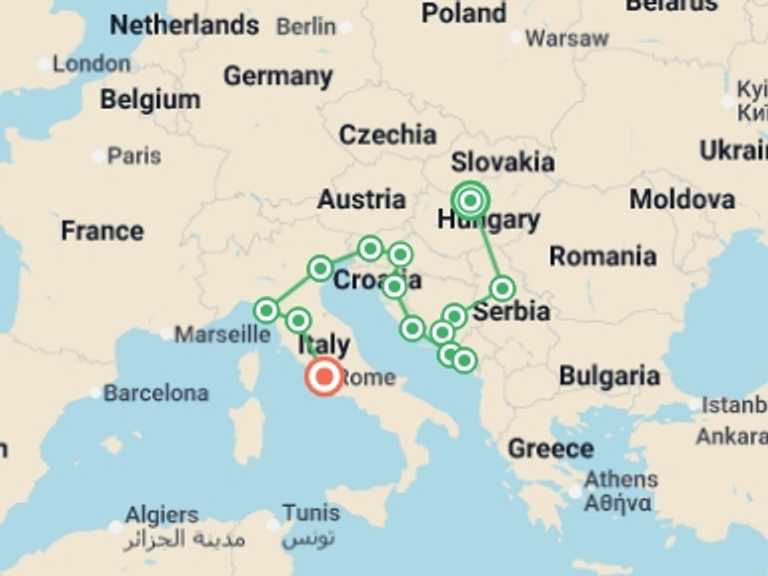Map itinerary of Kotor Tour in September 2027 with 14 destination visits for the trip: Budapest to Rome