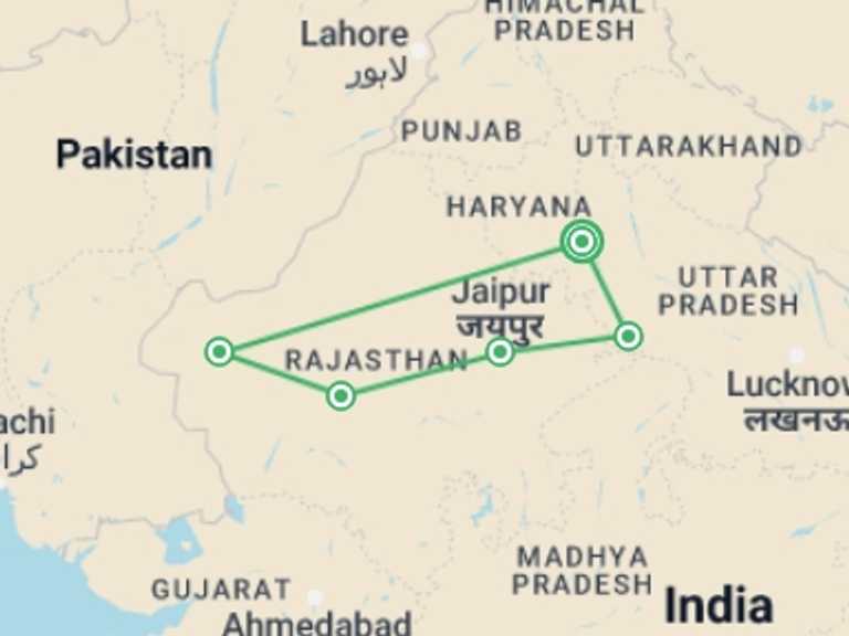 Map itinerary of Rajasthan Tour in Summer with 6 destination visits for the trip: Explore Cultural Royal Rajasthan