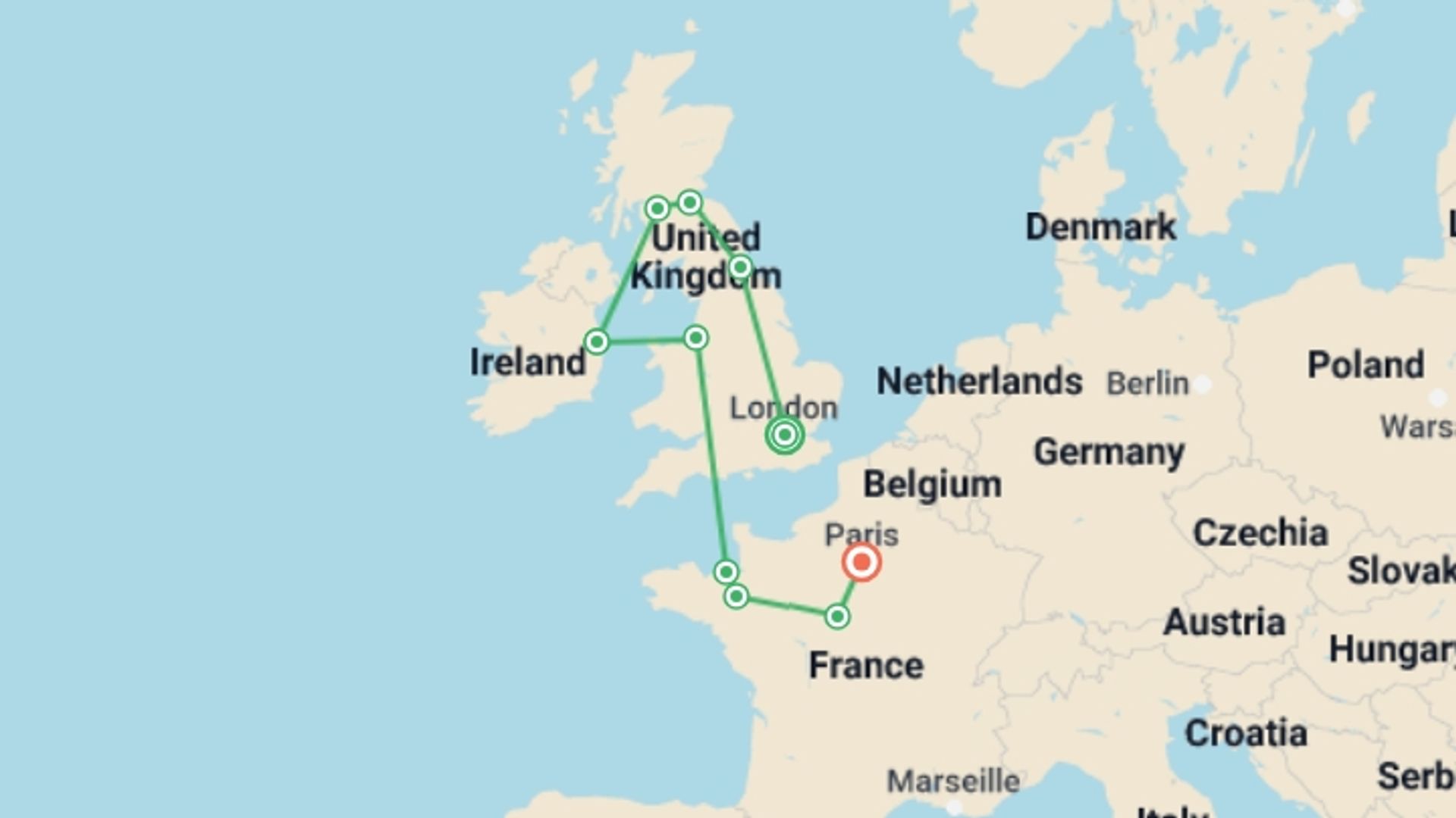 A map showing the tour itinerary for the trip: Best of the UK, Ireland and France, starting in London, England and ending in Paris, France going through 10 other destinations.