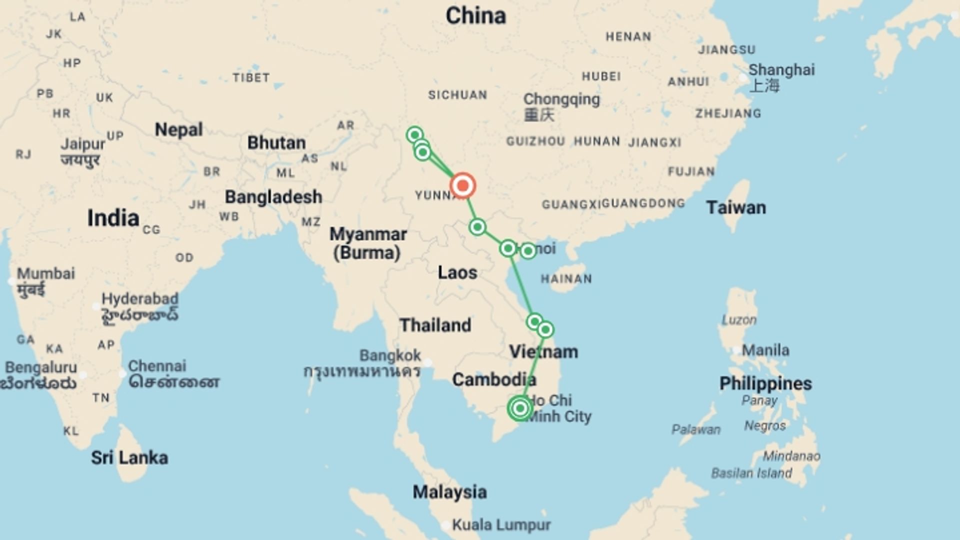 A map showing the tour itinerary for the trip: Vietnam & China Explorer, starting in Ho Chi Minh City, Vietnam and ending in Kunming, China going through 8 other destinations.