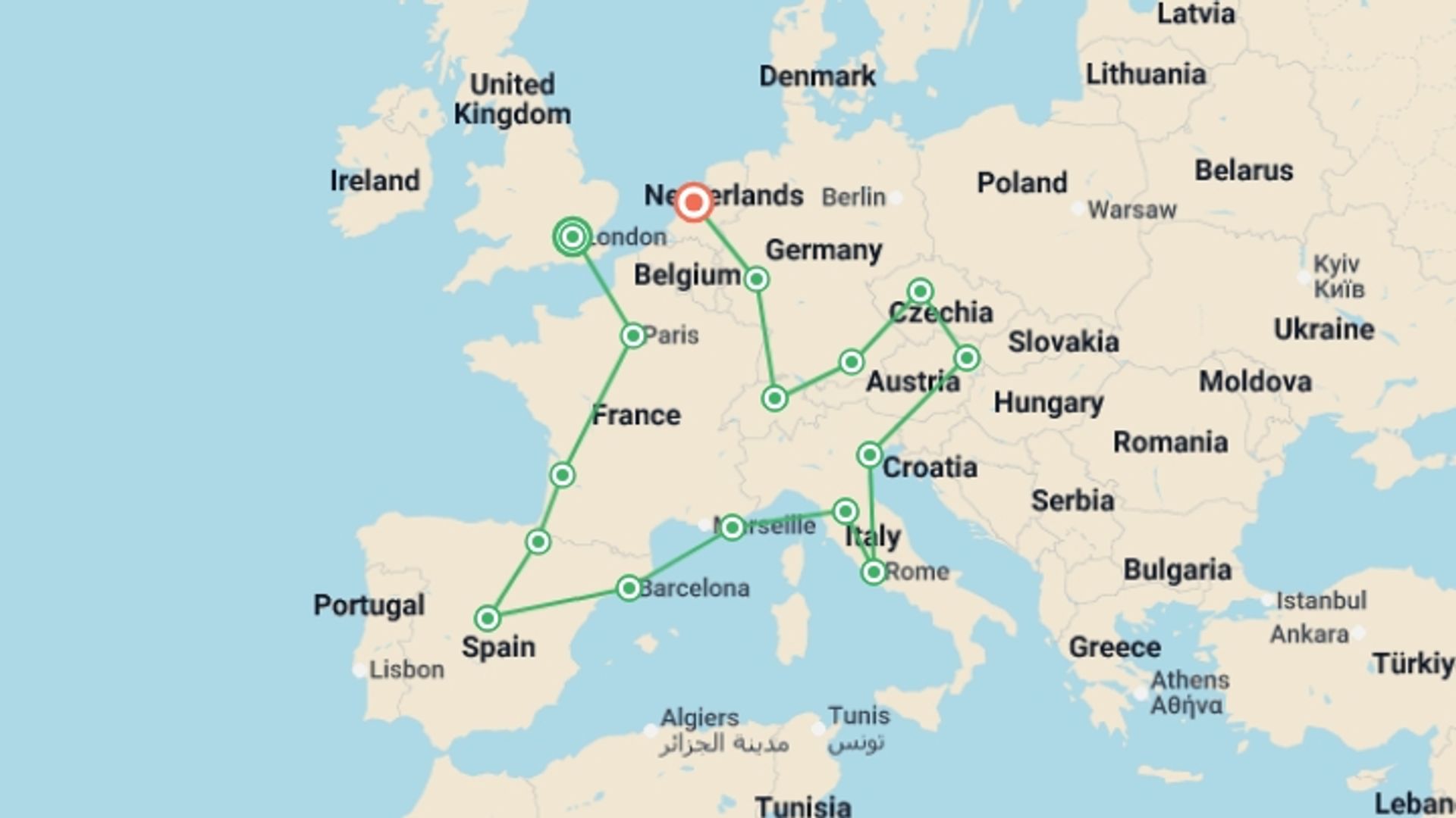 A map showing the tour itinerary for the trip: Great European, starting in London, England and ending in Amsterdam, Holland going through 14 other destinations.