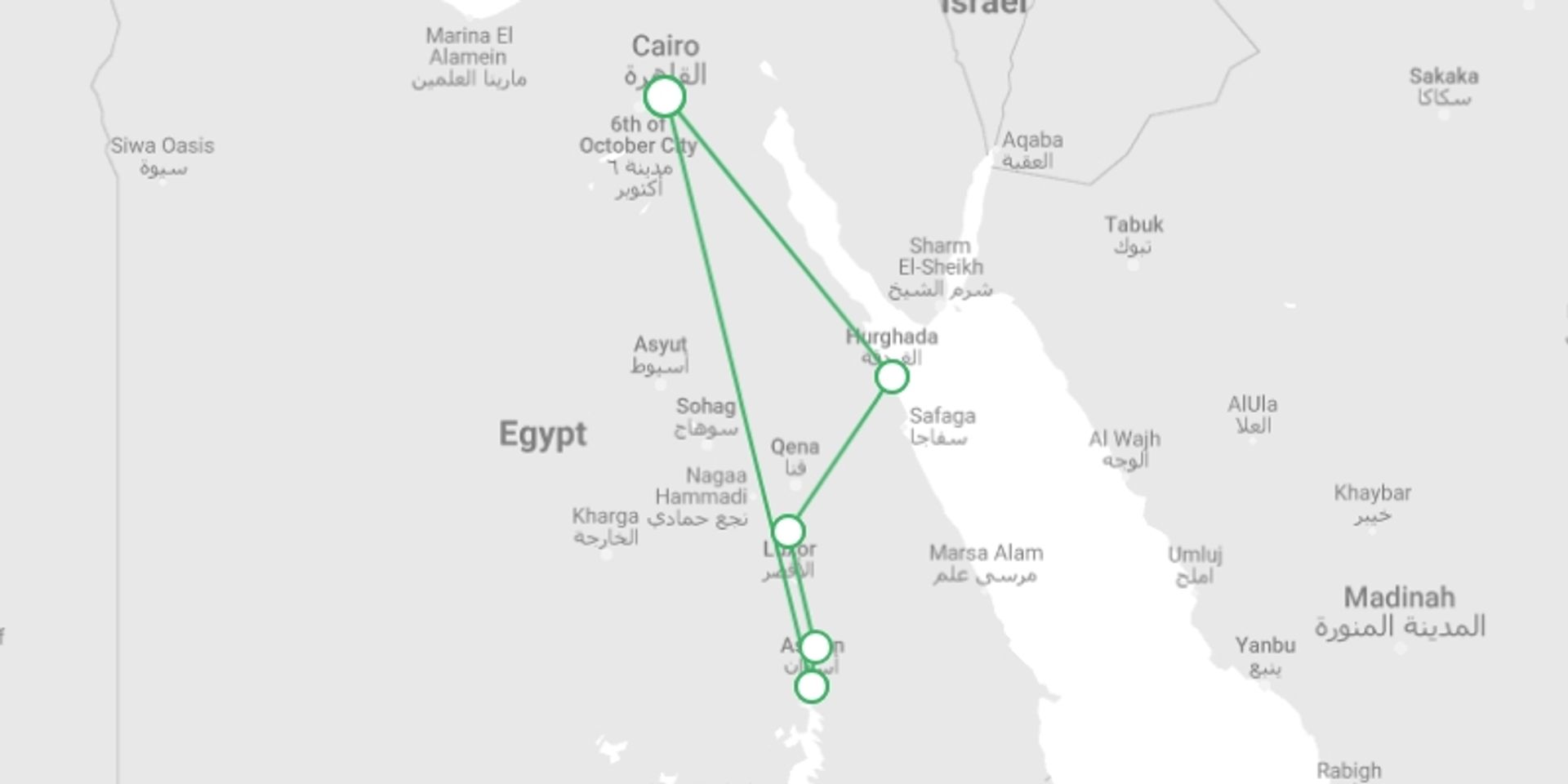 A map showing the tour itinerary for the trip: Essential Egypt by Nile Cruise & Red Sea - 11 days, starting in Cairo, Egypt and ending in Cairo, Egypt going through 5 other destinations.