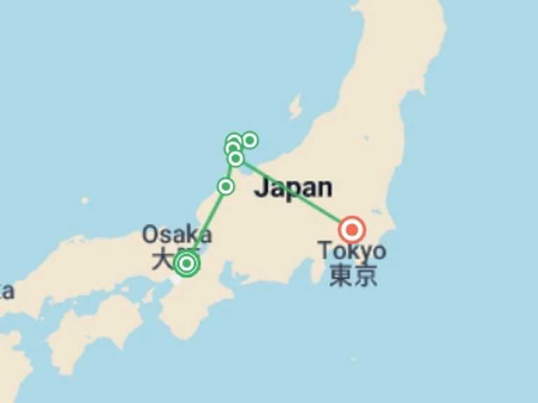 Map itinerary of Osaka Tour in July 2027 with 8 destination visits for the trip: Cycle Japan