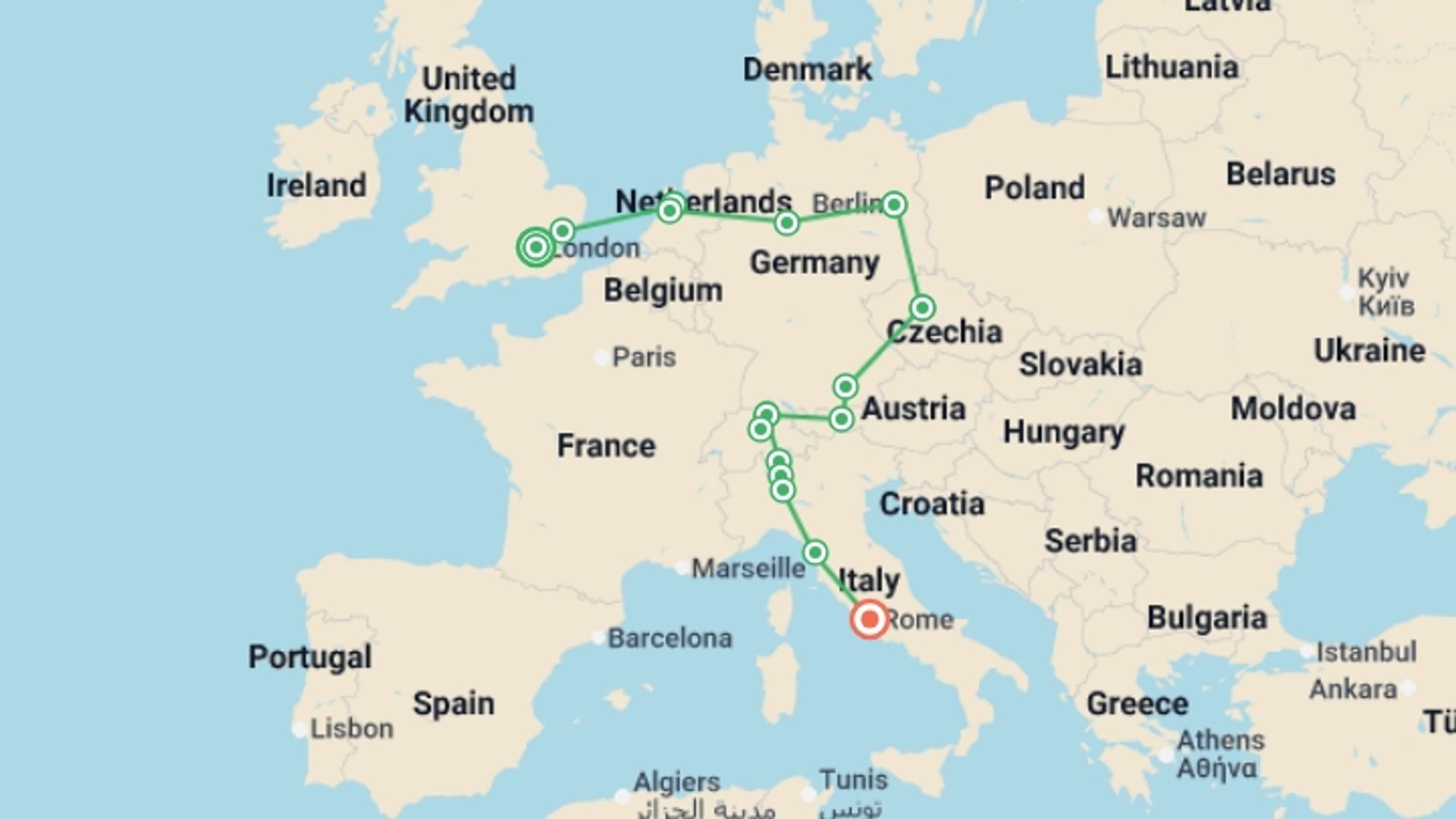 A map showing the tour itinerary for the trip: European Circle from London to Rome, starting in London, England and ending in Rome, Italy going through 7 other destinations.