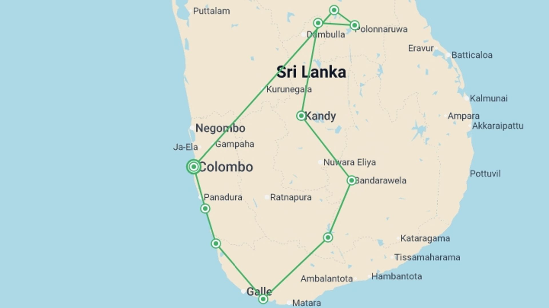 A map showing the tour itinerary for the trip: Sri Lanka by Bike, starting in Colombo, Sri Lanka and ending in Colombo, Sri Lanka going through 9 other destinations.