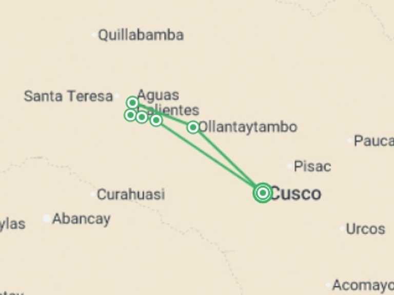Map itinerary of Andes Tour in May 2027 with 8 destination visits for the trip: The Inca Trail