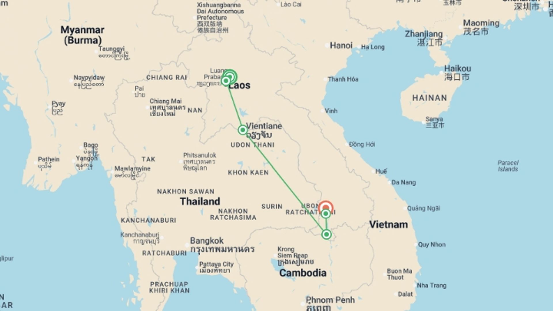 A map showing the tour itinerary for the trip: Laos North to South Discovery - 9 days, starting in Luang Prabang, Laos and ending in Pakse, Laos going through 4 other destinations.