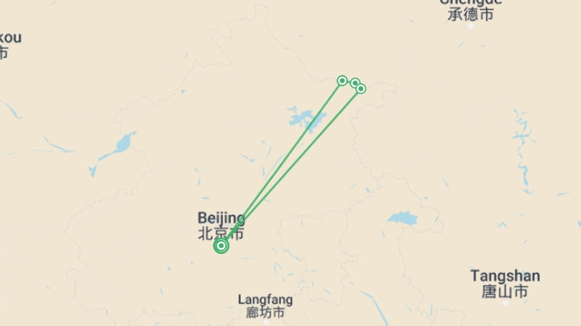 A map showing the tour itinerary for the trip: Great Wall Trek, starting in Beijing, China and ending in Beijing, China going through 3 other destinations.