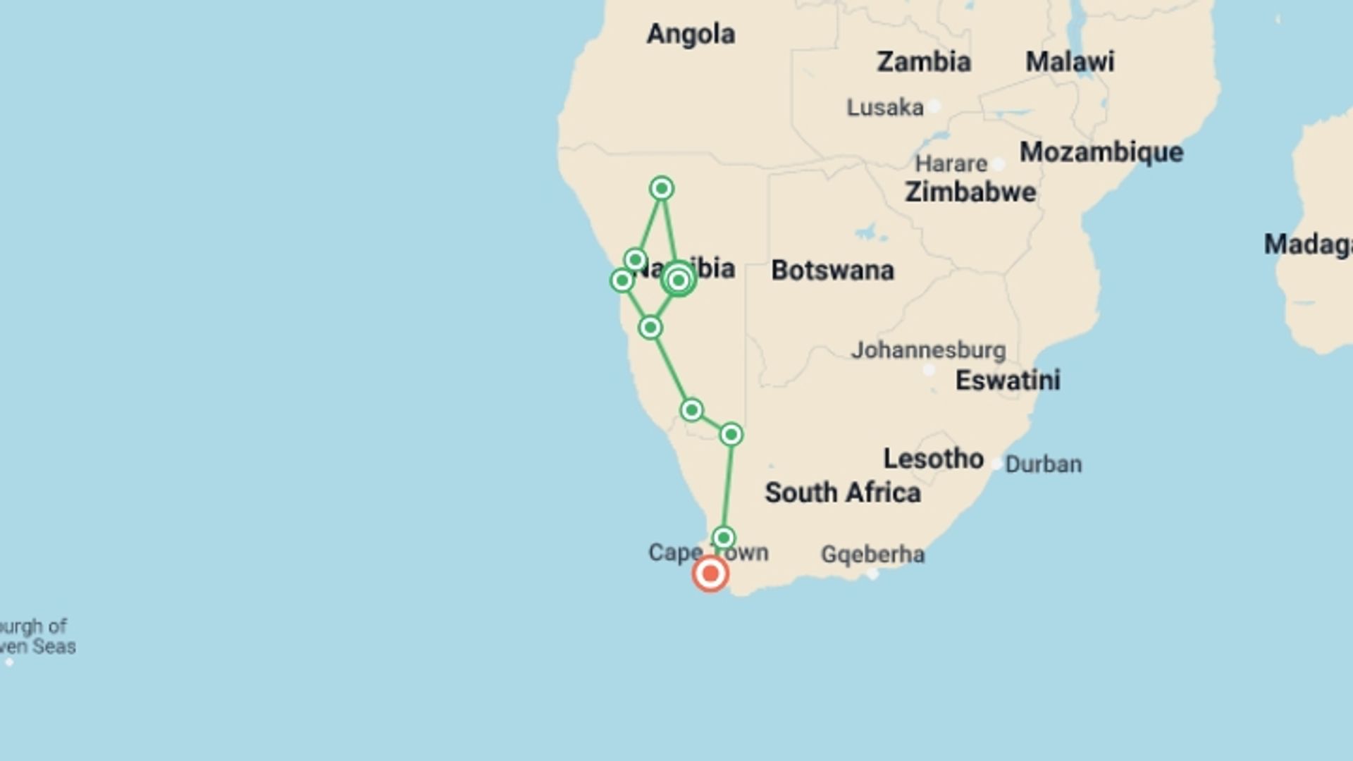 A map showing the tour itinerary for the trip: 11-day Namibia to Cape Town Accommodated, starting in Windhoek, Namibia and ending in Cape Town, South Africa going through 8 other destinations.