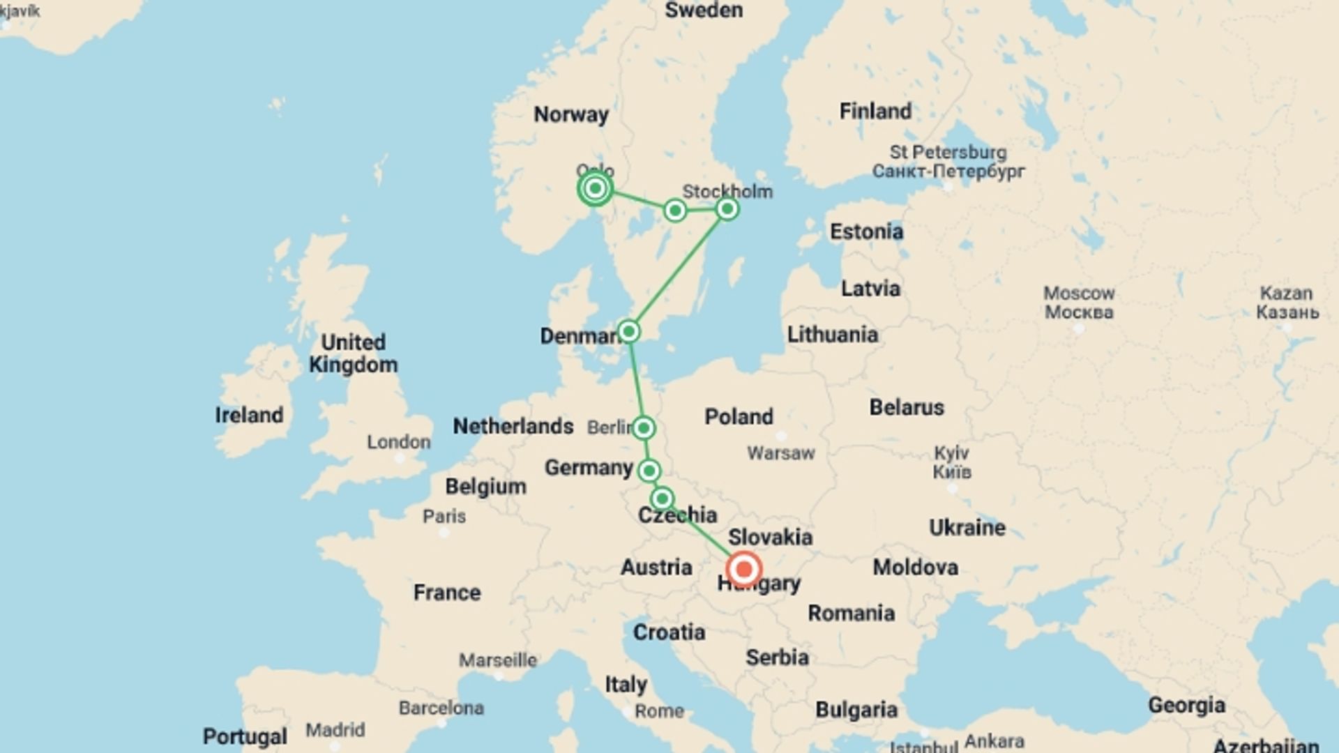 A map showing the tour itinerary for the trip: Scandinavian and Eastern Europe, Ending in Budapest, starting in Oslo, Norway and ending in Budapest, Hungary going through 4 other destinations.