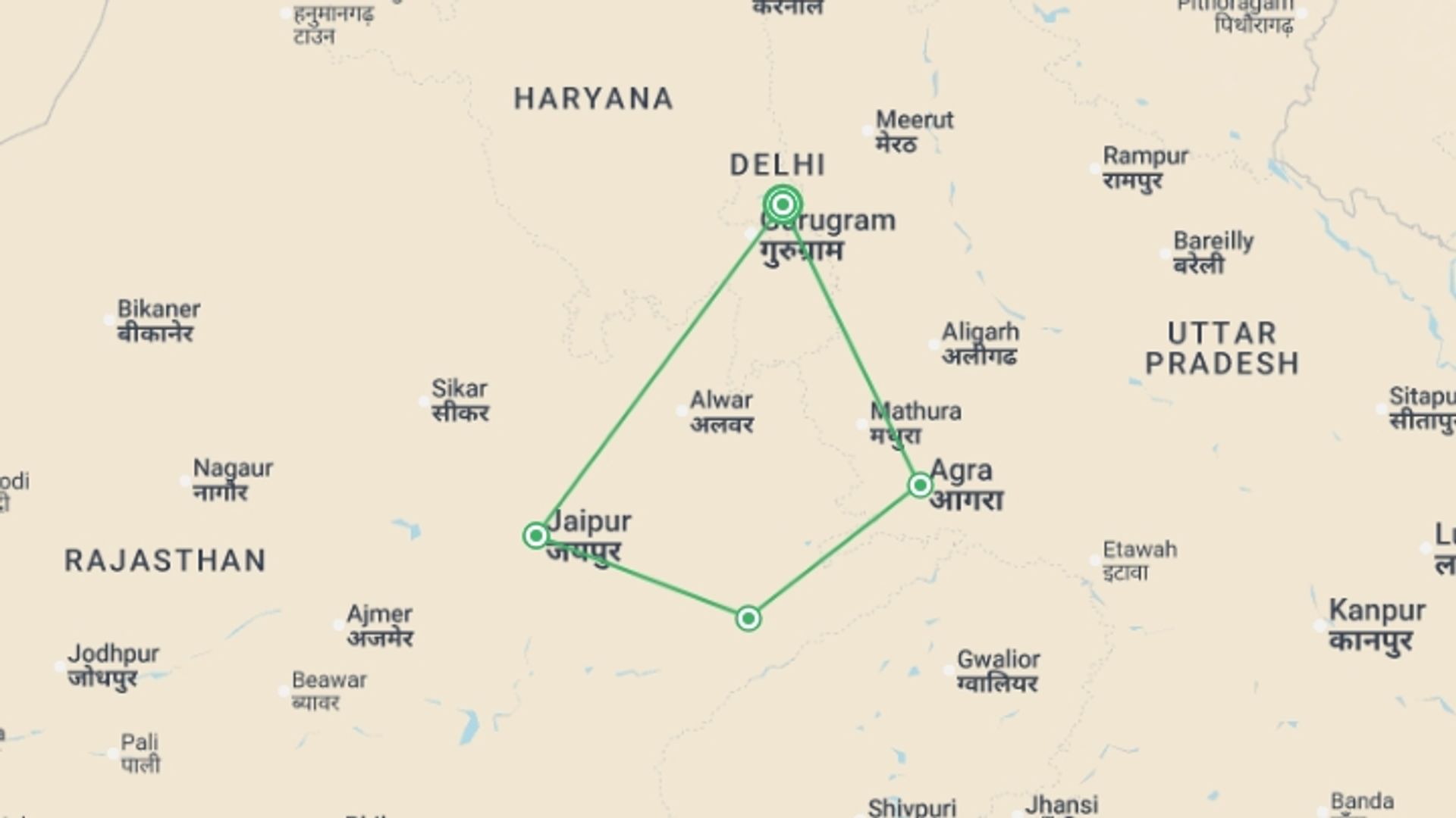 A map showing the tour itinerary for the trip: Diwali, Festival of Lights - 8 days, starting in New Delhi, India and ending in New Delhi, India going through 3 other destinations.