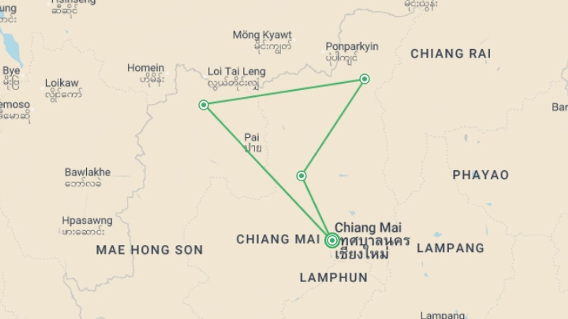 A map showing the tour itinerary for the trip: Northern Thailand Hilltribes Trek, starting in Chiang Mai, Thailand and ending in Chiang Mai, Thailand going through 3 other destinations.