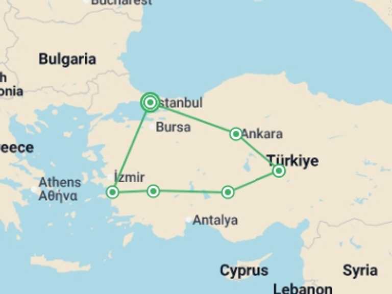 Map itinerary of Balkans Tour in January 2027 with 6 destination visits for the trip: Turkey