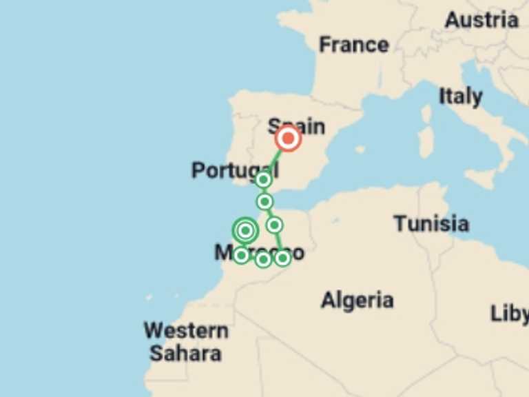 Map itinerary of Europe Tour in February 2027 with 8 destination visits for the trip: Moroccan capitals, Seville and Madrid