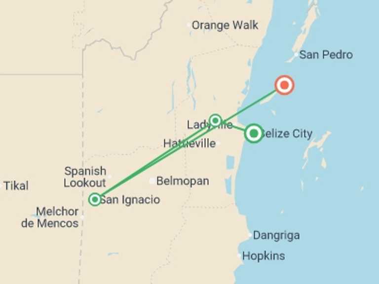 Map of Belize Tour with 4 destination visits for the trip: Journeys: Explore Belize