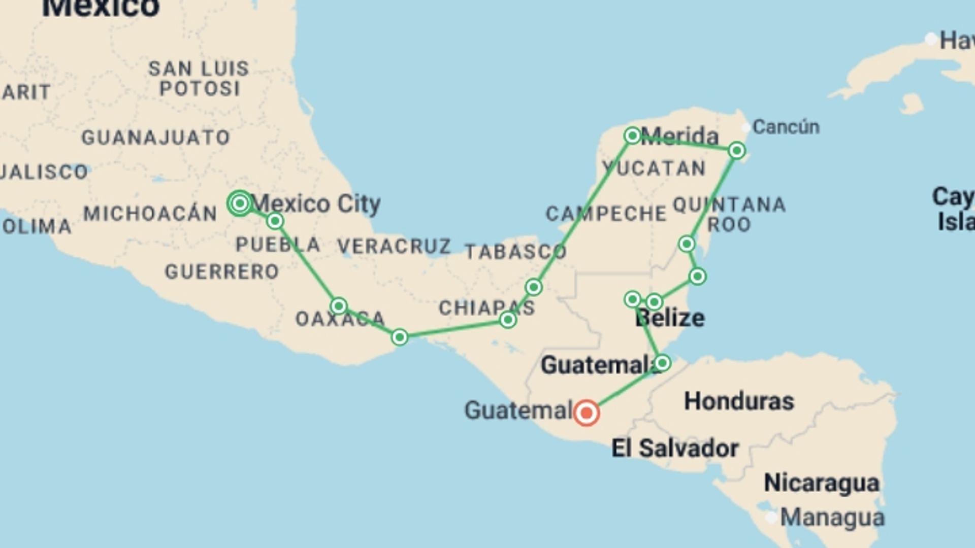 A map showing the tour itinerary for the trip: Mexico City to Guatemala, starting in Mexico City, Mexico and ending in Antigua, Guatemala going through 12 other destinations.