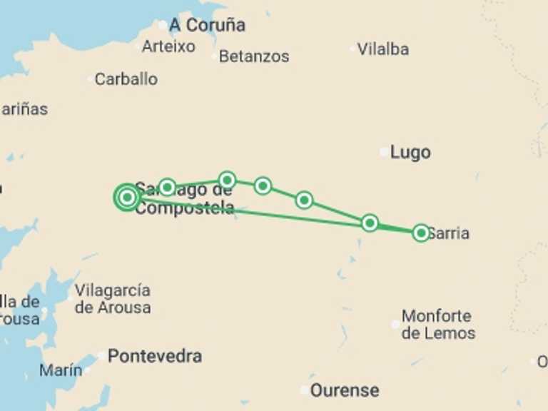 Map of a Explorer Tour with 7 destination visits for the trip: Camino de Santiago The French Way - 8 days