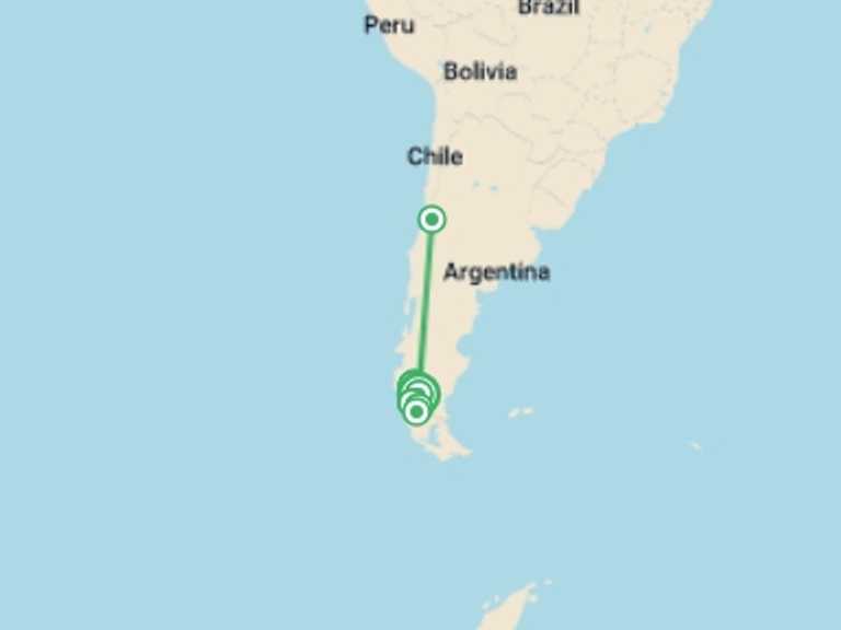 Map itinerary of South America Tour in February 2026 with 11 destination visits for the trip: Paine & Fitz Roy Trek
