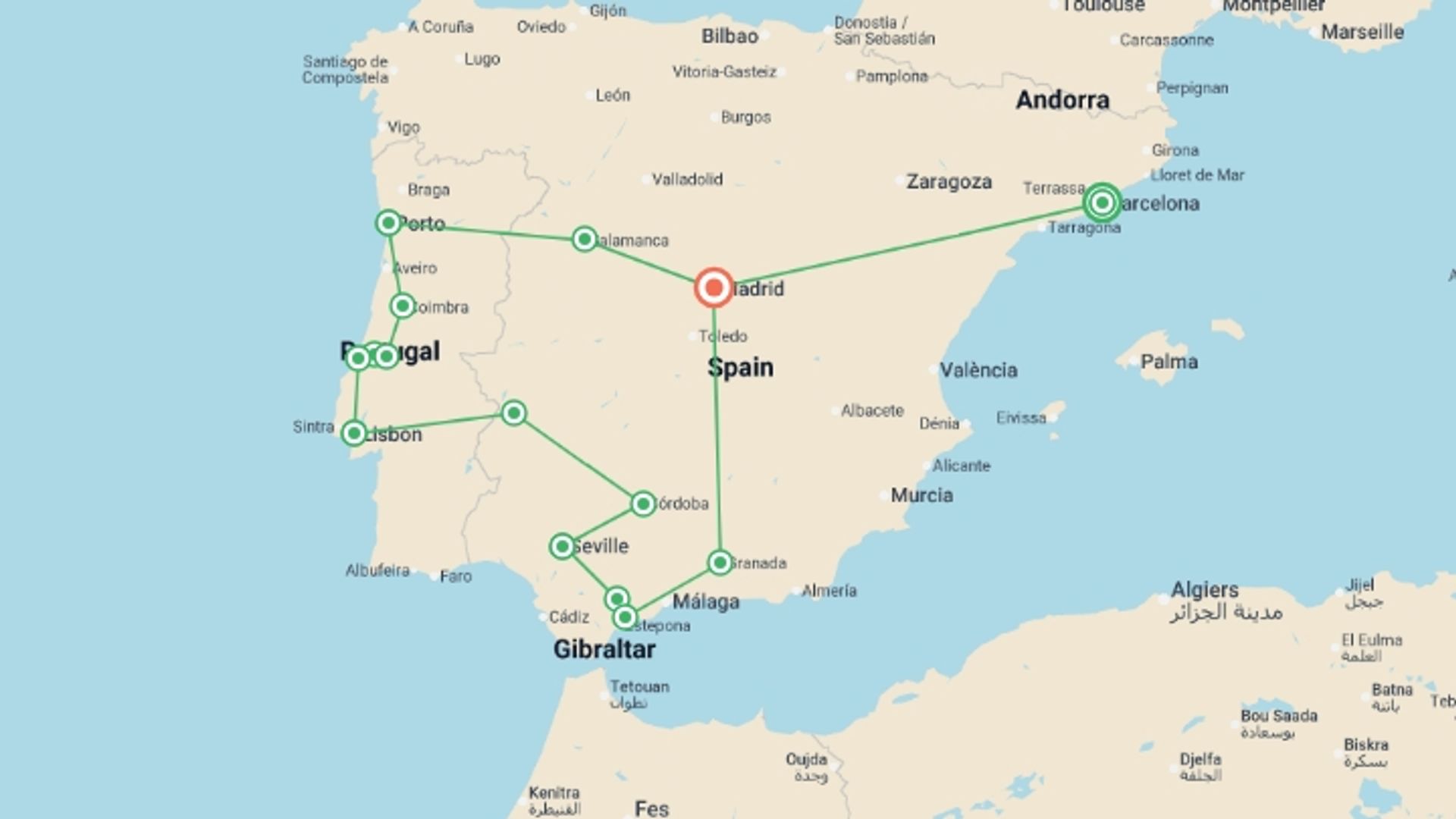 A map showing the tour itinerary for the trip: Spain & Portugal Grand Tour - 15 days , starting in Barcelona, Spain and ending in Madrid, Spain going through 7 other destinations.