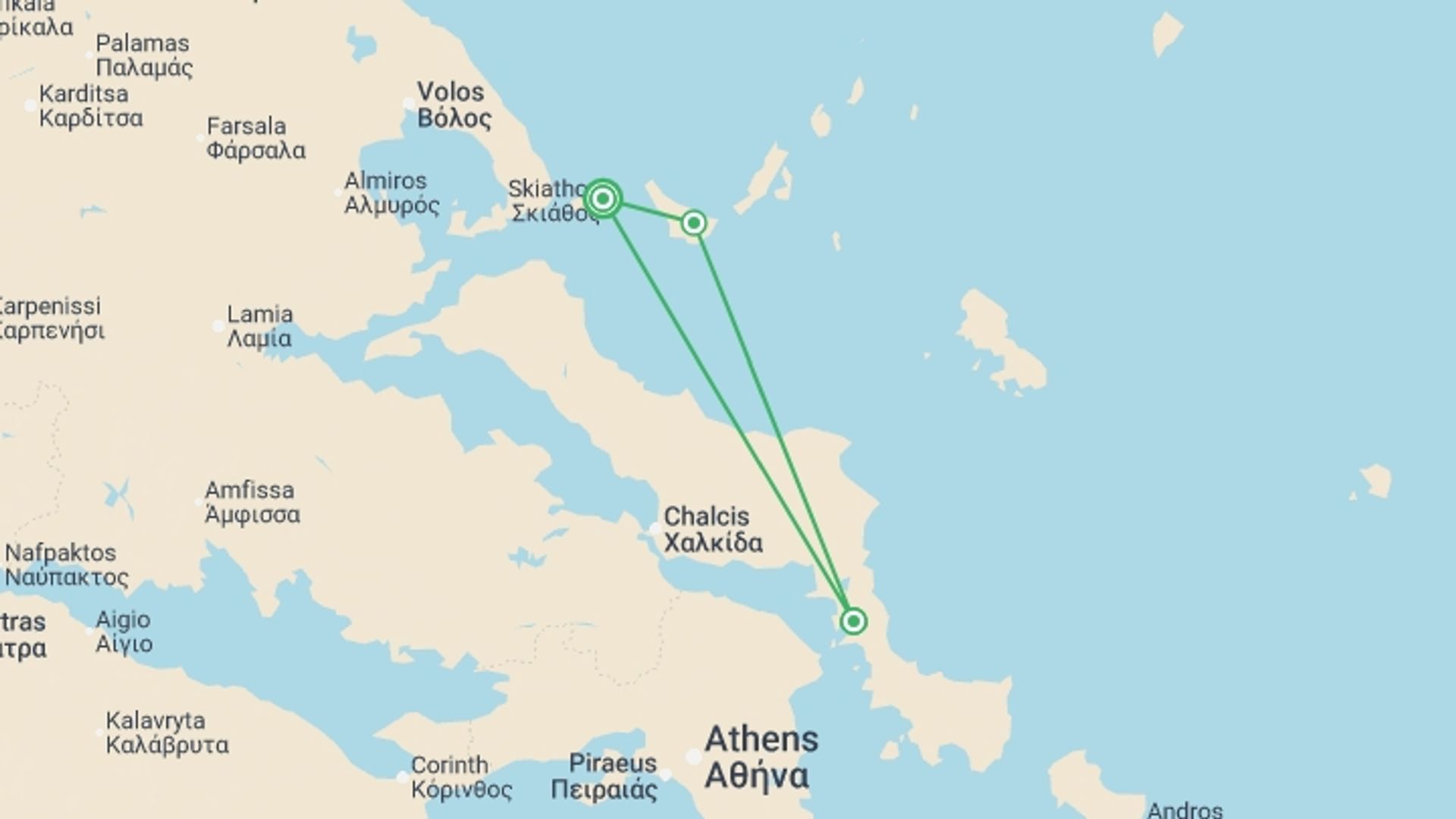 A map showing the tour itinerary for the trip: Sail Greece: Skiathos, Skopelos & Alonnisos, starting in Skiathos, Greece and ending in Skiathos, Greece going through 3 other destinations.
