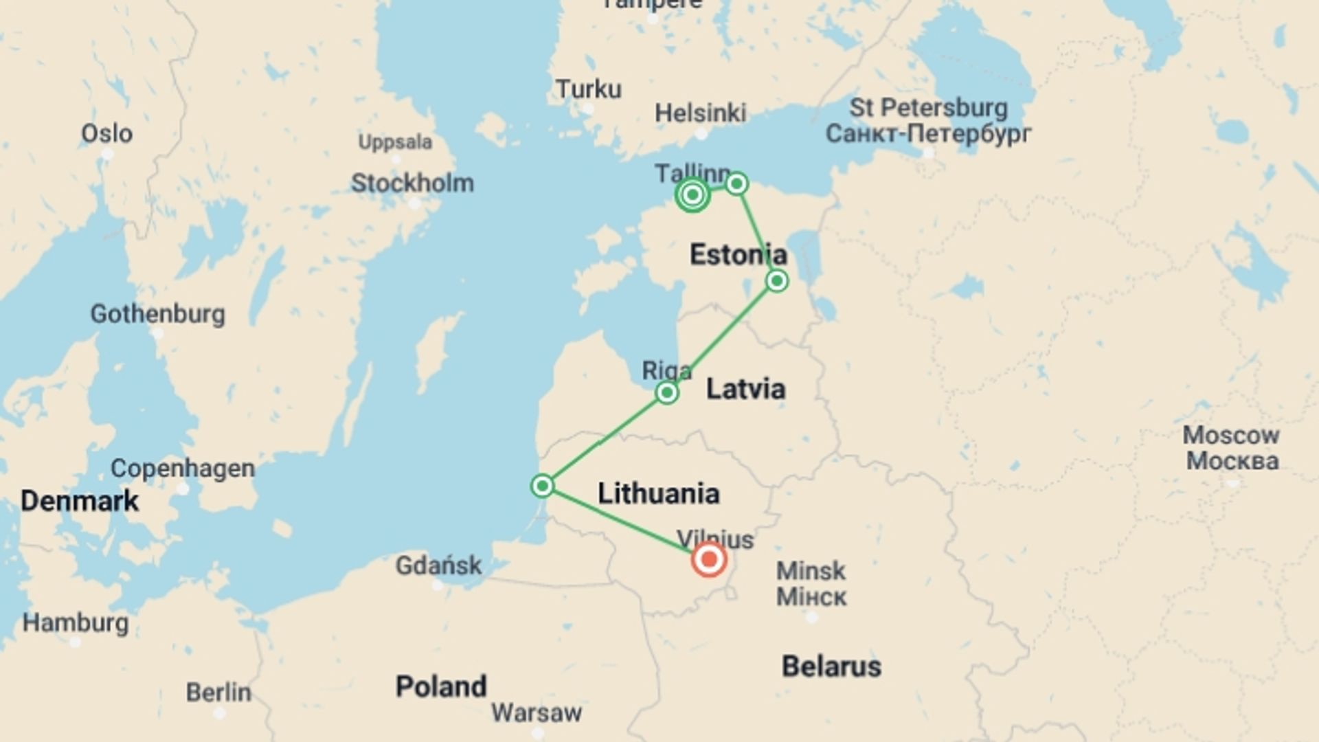 A map showing the tour itinerary for the trip: Cycle the Baltics, starting in Tallinn, Estonia and ending in Vilnius, Lithuania going through 4 other destinations.