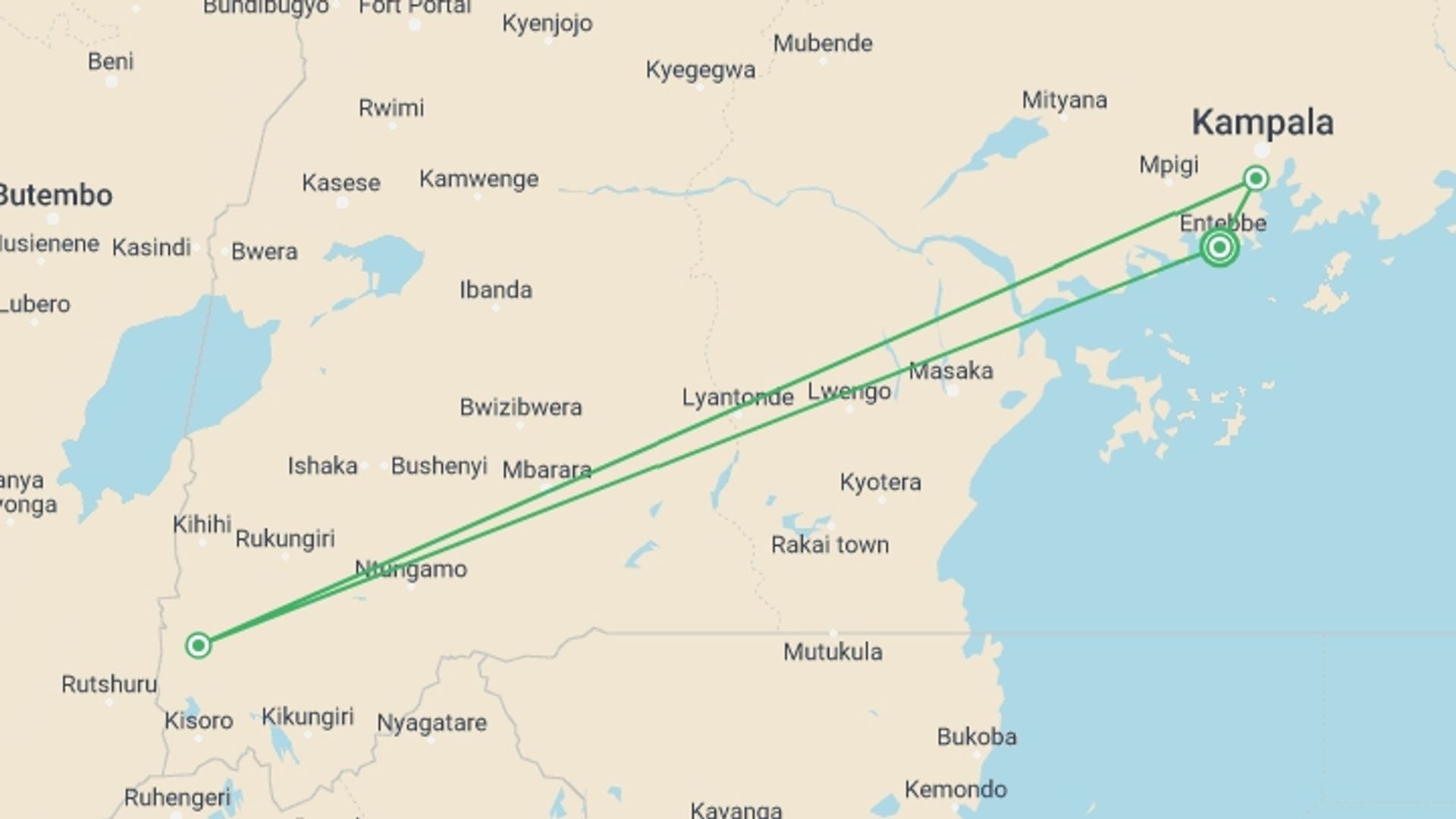 A map showing the tour itinerary for the trip: Uganda Gorilla Safari Air-Expedition 4D/3N, starting in Entebbe, Uganda and ending in Entebbe International Airport, Uganda going through 3 other destinations.