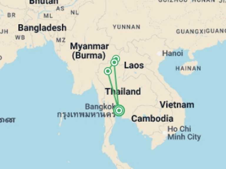 Map itinerary of Thailand Tour in July 2026 with 4 destination visits for the trip: Bangkok And Golden Triangle, Private Tour
