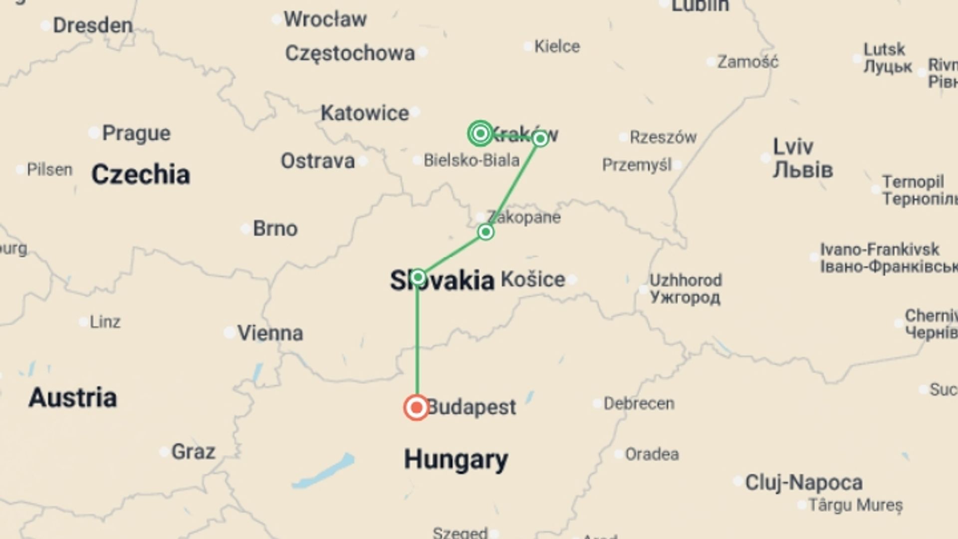 A map showing the tour itinerary for the trip: Krakow to Budapest Adventure, starting in Krakow, Poland and ending in Budapest, Hungary going through 2 other destinations.