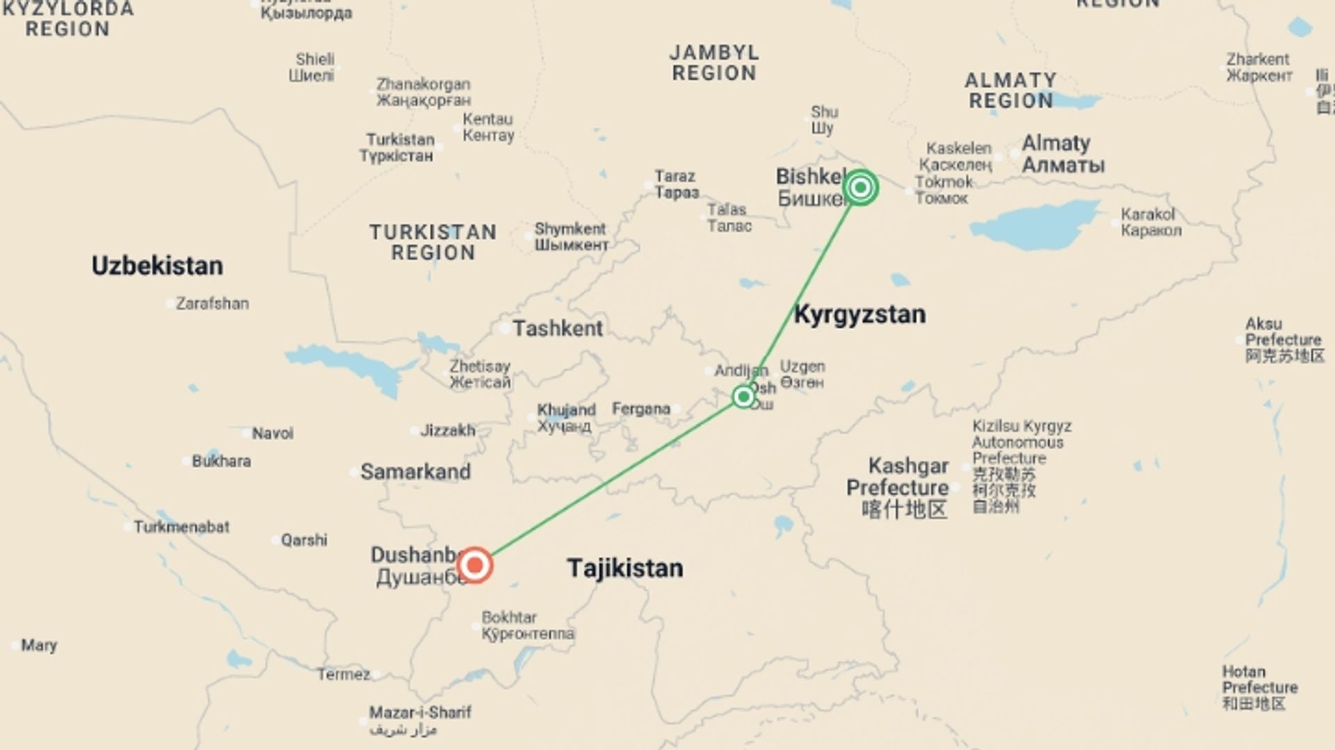 A map showing the tour itinerary for the trip: Bishkek To Dushanbe (14 Days), starting in Bishkek, Kyrgyzstan and ending in Dushanbe, Tajikistan going through 1 other destinations.